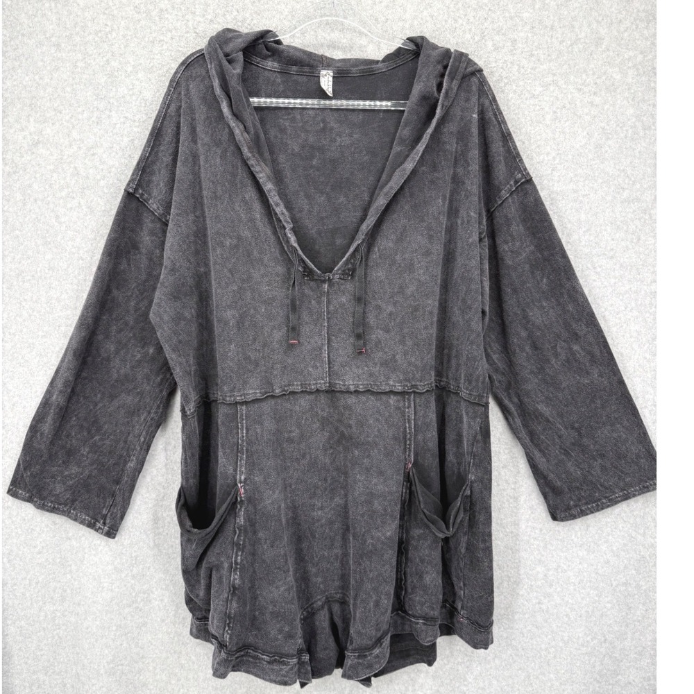 Free People Intimately XL Romper Black Acid Wash Hooded Long Sleeve Pockets